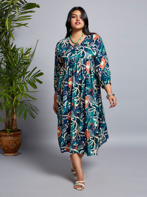 Globus Gloplus V-Neck Floral Print Gathered A-Line Plus Size Midi Fusion Dress