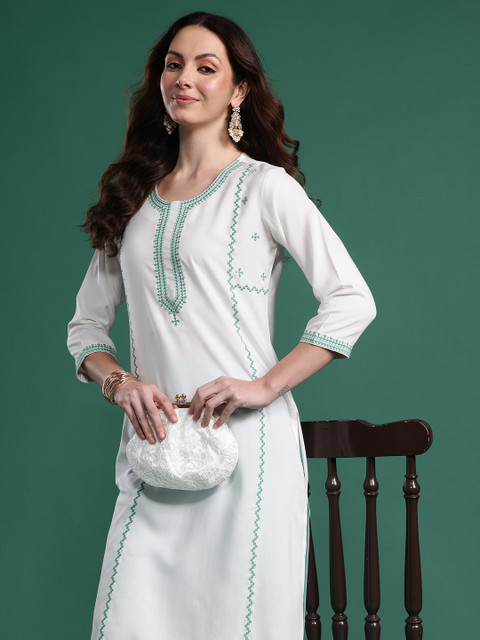 Indo Era Women Geometric Embroidered Thread Work Kurta