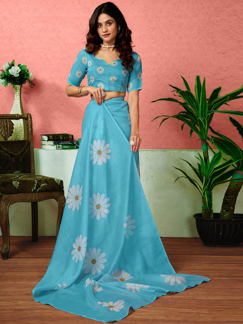 Sangria Floral Printed Ready To Wear Saree With Unstitched Blouse - Image 4