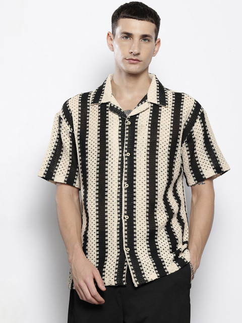 The Indian Garage Co Men Textured Open Weave Knitted Relaxed Fit Shirt
