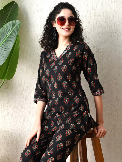 Vaimiya Printed V-Neck Pure Cotton Tunic With Trouser