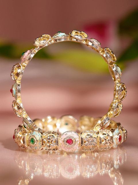 Rubans Set of 2 18K Gold-Plated Multicolor Enamel & Stone-Studded Floral Design Bangles - Image 3