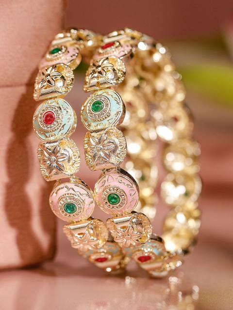 Rubans Set of 2 18K Gold-Plated Multicolor Enamel & Stone-Studded Floral Design Bangles - Image 2