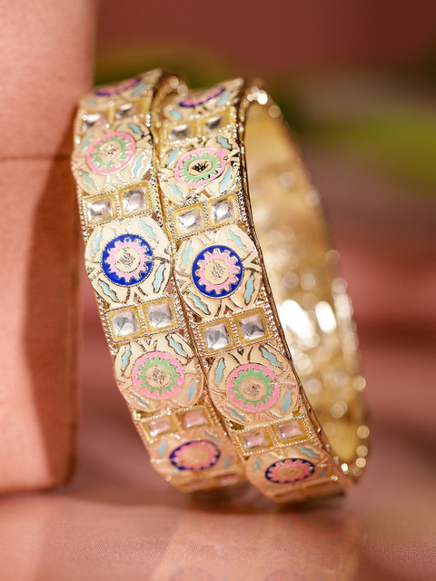 Rubans Set of 2 18K Gold-Plated Multicolor Enamel & Kundan Stone-Studed Handcrafted Bangle - Image 3