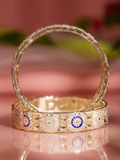 Rubans Set of 2 18K Gold-Plated Multicolor Enamel & Kundan Stone-Studed Handcrafted Bangle - Image 4