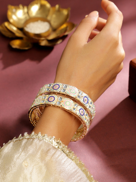 Rubans Set of 2 18K Gold-Plated Multicolor Enamel & Kundan Stone-Studed Handcrafted Bangle - Image 2