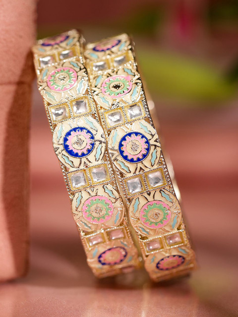 Rubans Set of 2 18K Gold-Plated Multicolor Enamel & Kundan Stone-Studed Handcrafted Bangle