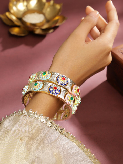 Rubans Set of 2 18K Gold-Plated Multicolor Enamel & Cubic Zirconia Studded Bangles - Image 2