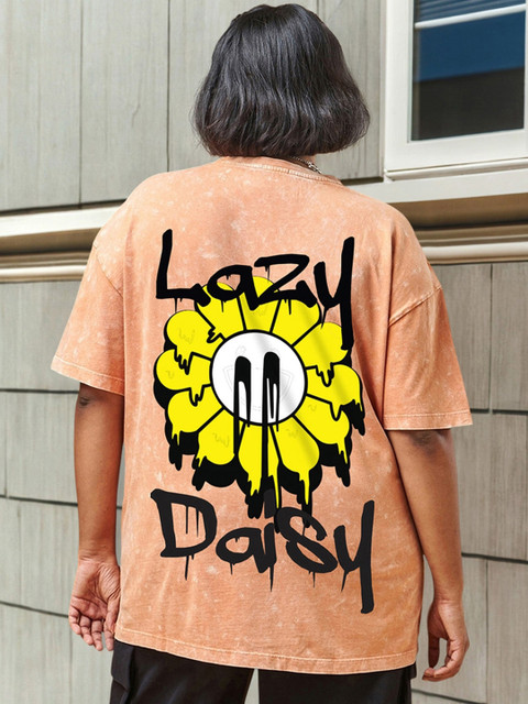 Bewakoof Women Orange Lazy Daisy Graphic Printed Oversized Plus Size Acid Wash T-shirt