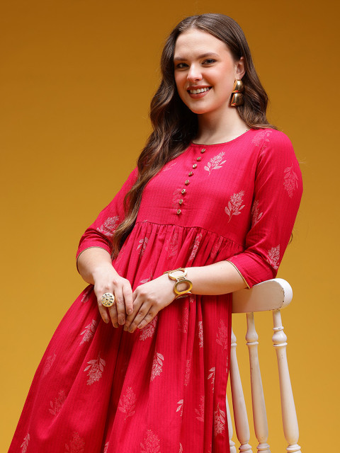 HERE&NOW Floral Printed Pleated Pure Cotton Kurta