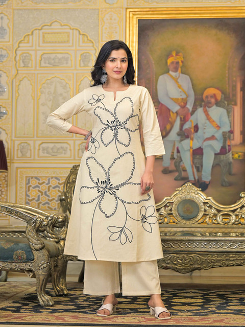 The Hope Women Embroidered Regular Thread Work Pure Cotton Kurta with Palazzos