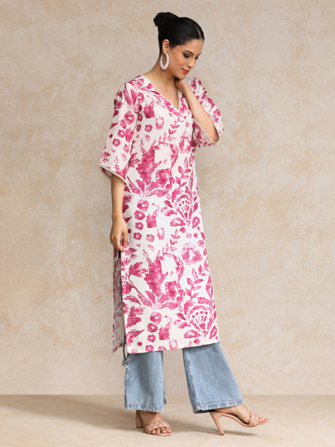 Varanga Floral Printed Bell Sleeves V-Neck Straight Cotton Kurta - Image 4