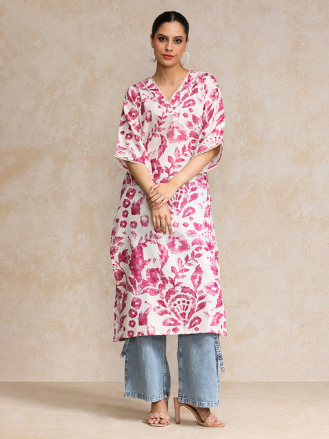 Varanga Floral Printed Bell Sleeves V-Neck Straight Cotton Kurta - Image 2