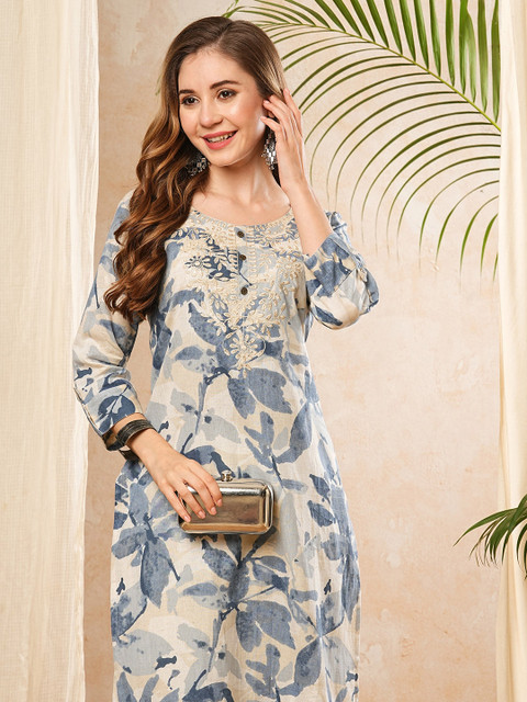PHYSIL Floral Printed Round Neck Thread Work Straight Cotton Kurta - Image 2