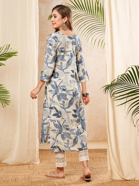 PHYSIL Floral Printed Round Neck Thread Work Straight Cotton Kurta - Image 5
