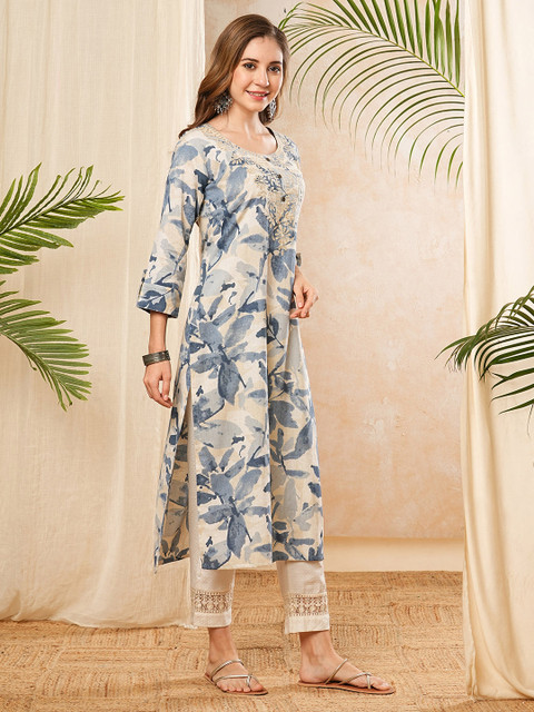 PHYSIL Floral Printed Round Neck Thread Work Straight Cotton Kurta - Image 3