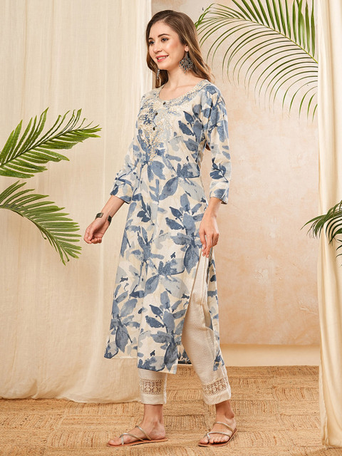 PHYSIL Floral Printed Round Neck Thread Work Straight Cotton Kurta - Image 4