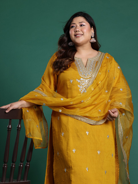Indo Era Plus Size Floral Embroidered Sequinned Kurta with Trousers & With Dupatta