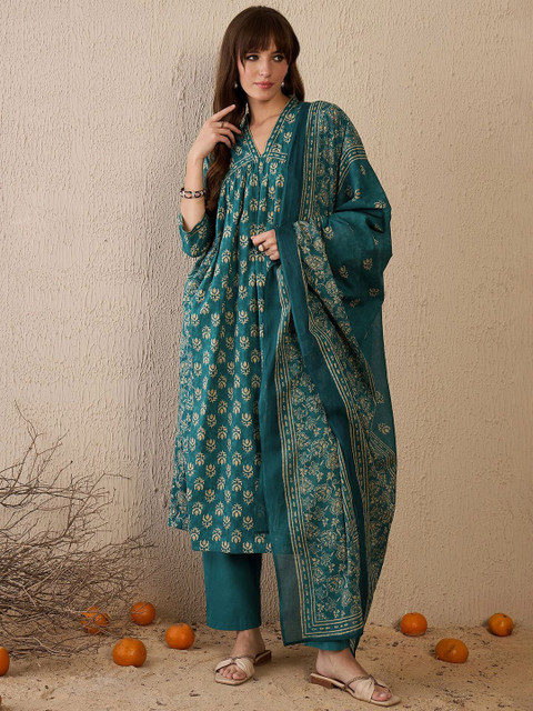 Indo Era Women Floral Printed Empire Pure Cotton Kurta with Trousers & With Dupatta - Image 2