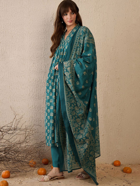 Indo Era Women Floral Printed Empire Pure Cotton Kurta with Trousers & With Dupatta - Image 4