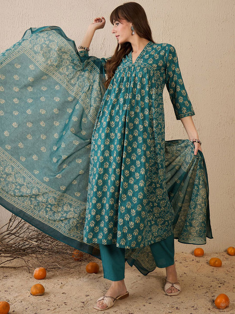 Indo Era Women Floral Printed Empire Pure Cotton Kurta with Trousers & With Dupatta - Image 7