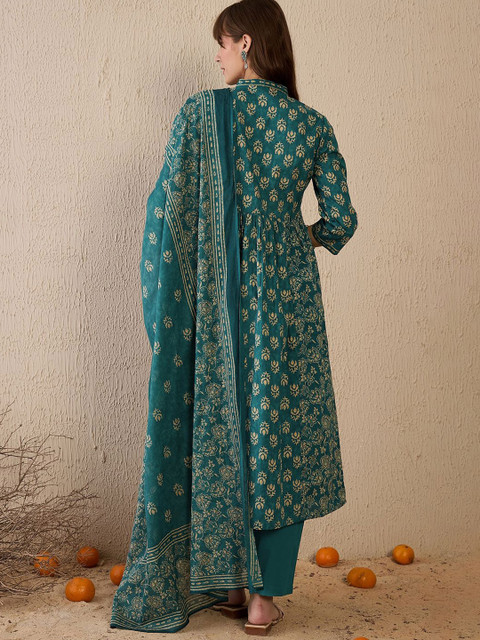 Indo Era Women Floral Printed Empire Pure Cotton Kurta with Trousers & With Dupatta - Image 5