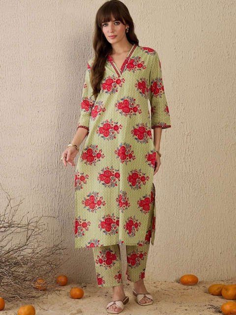 Indo Era Women Floral Printed Regular Mirror Work Pure Cotton Kurta with Trousers
