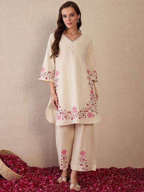 Indo Era Women Floral Embroidered Regular Thread Work Pure Cotton Kurta with Palazzos