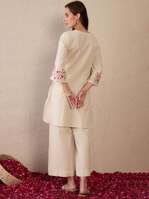 Indo Era Women Floral Embroidered Regular Thread Work Pure Cotton Kurta with Palazzos - Image 4