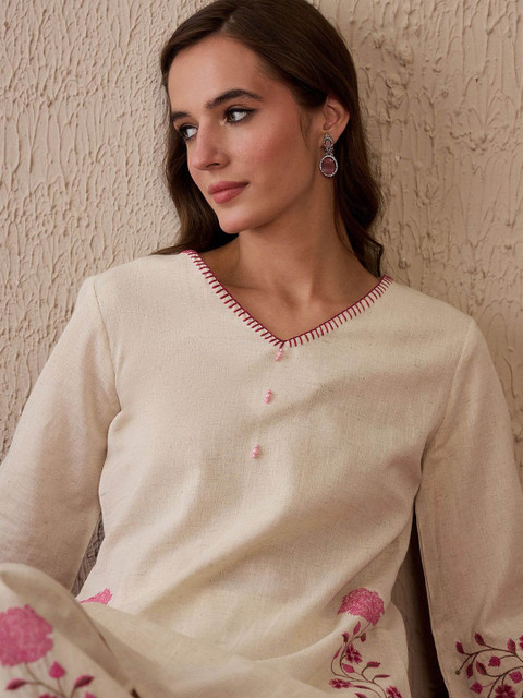 Indo Era Women Floral Embroidered Regular Thread Work Pure Cotton Kurta with Palazzos - Image 2