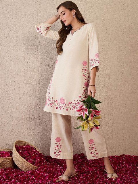 Indo Era Women Floral Embroidered Regular Thread Work Pure Cotton Kurta with Palazzos - Image 5
