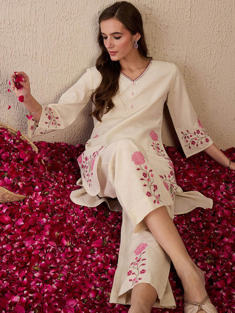 Indo Era Women Floral Embroidered Regular Thread Work Pure Cotton Kurta with Palazzos - Image 6