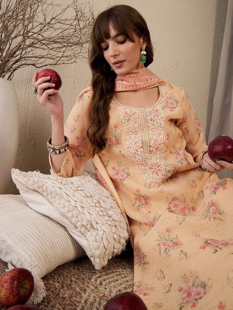 Indo Era Women Floral Embroidered Regular Thread Work Linen Kurta with Trousers & With Dupatta