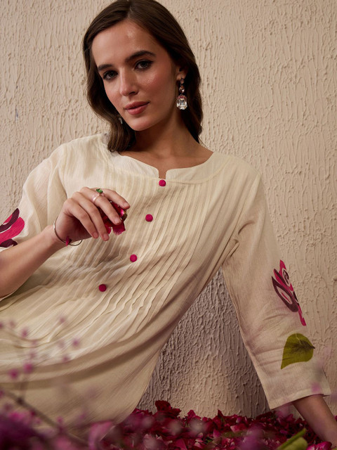 Indo Era Women Floral Printed Regular Thread Work Pure Cotton Kurta with Trousers - Image 3