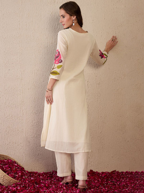 Indo Era Women Floral Printed Regular Thread Work Pure Cotton Kurta with Trousers - Image 5