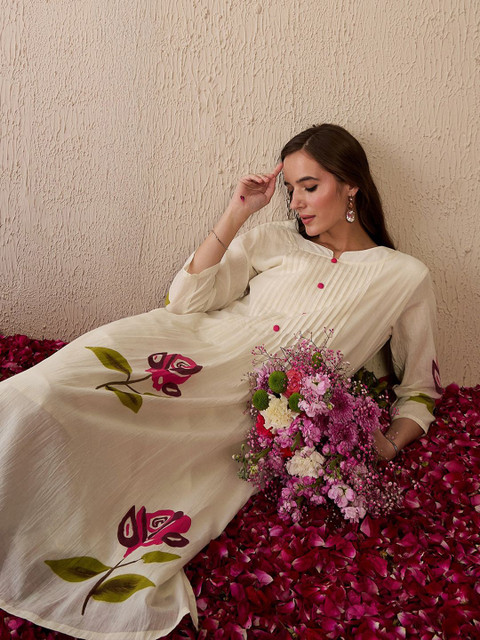 Indo Era Women Floral Printed Regular Thread Work Pure Cotton Kurta with Trousers