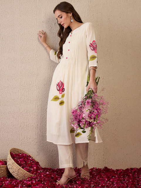 Indo Era Women Floral Printed Regular Thread Work Pure Cotton Kurta with Trousers - Image 6