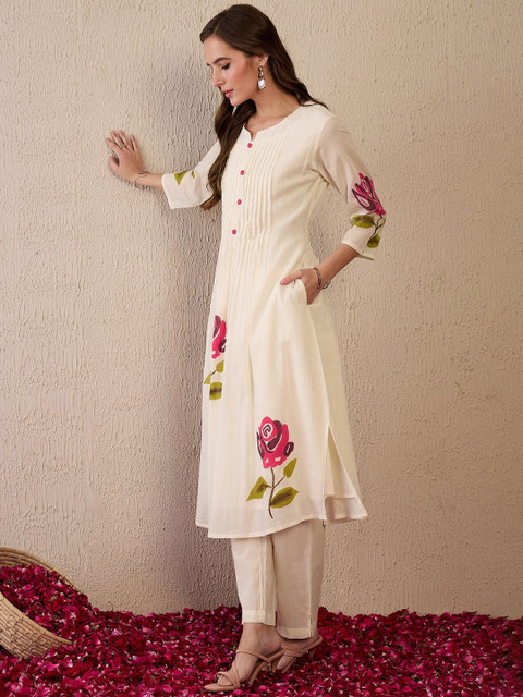 Indo Era Women Floral Printed Regular Thread Work Pure Cotton Kurta with Trousers - Image 4