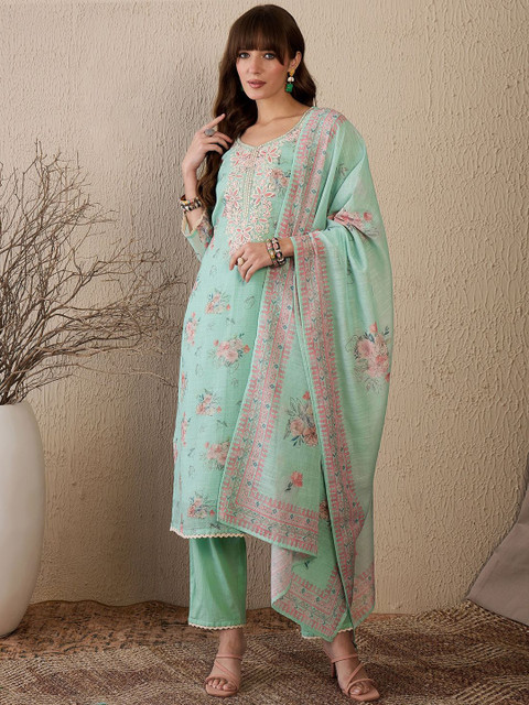 Indo Era Women Floral Embroidered Regular Sequinned Linen Kurta with Trousers & With Dupatta - Image 2