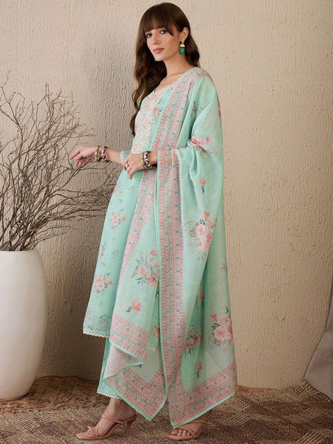 Indo Era Women Floral Embroidered Regular Sequinned Linen Kurta with Trousers & With Dupatta - Image 5