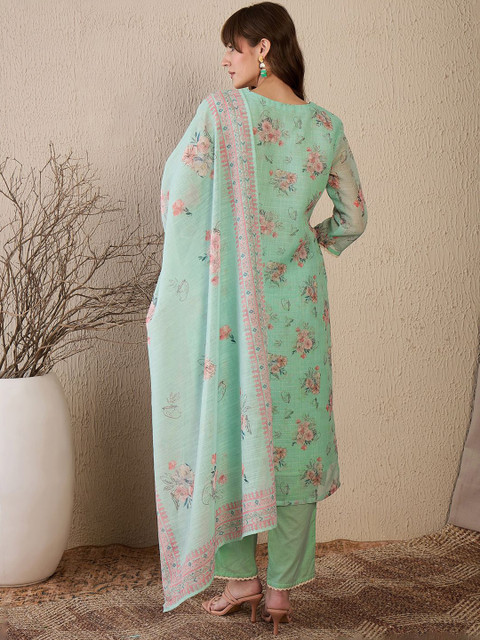 Indo Era Women Floral Embroidered Regular Sequinned Linen Kurta with Trousers & With Dupatta - Image 6