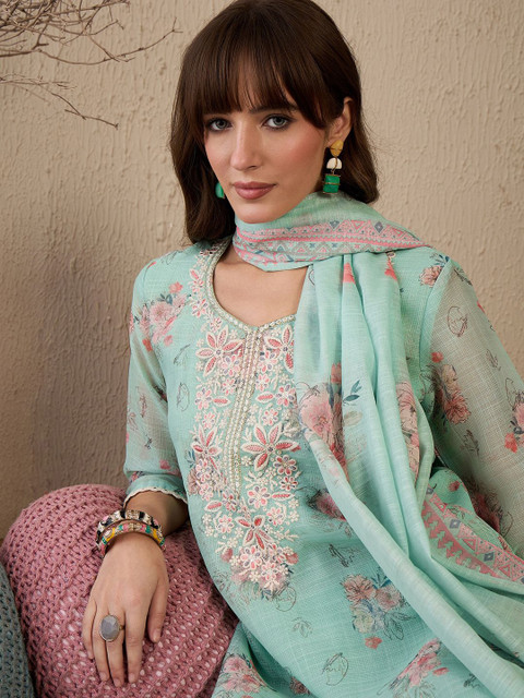 Indo Era Women Floral Embroidered Regular Sequinned Linen Kurta with Trousers & With Dupatta - Image 3