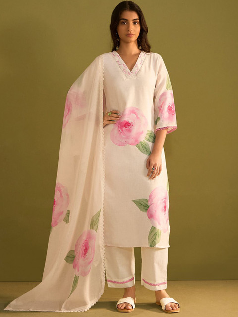 Indo Era Women Floral Printed Regular Sequinned Linen Kurta with Trousers & With Dupatta - Image 2
