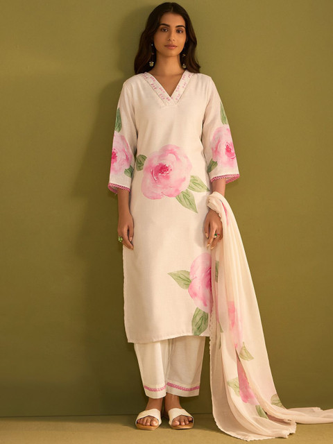 Indo Era Women Floral Printed Regular Sequinned Linen Kurta with Trousers & With Dupatta - Image 4