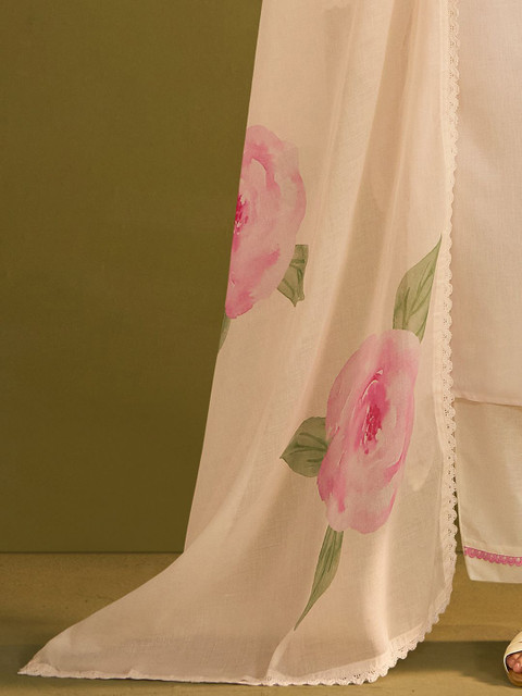Indo Era Women Floral Printed Regular Sequinned Linen Kurta with Trousers & With Dupatta - Image 7