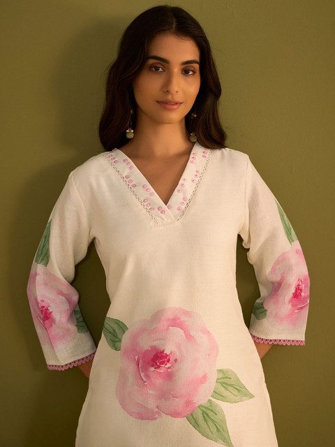 Indo Era Women Floral Printed Regular Sequinned Linen Kurta with Trousers & With Dupatta - Image 5