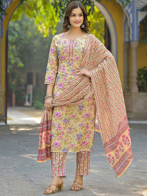 KALINI Women Floral Printed Regular Kurta with Trousers & With Dupatta - Image 4