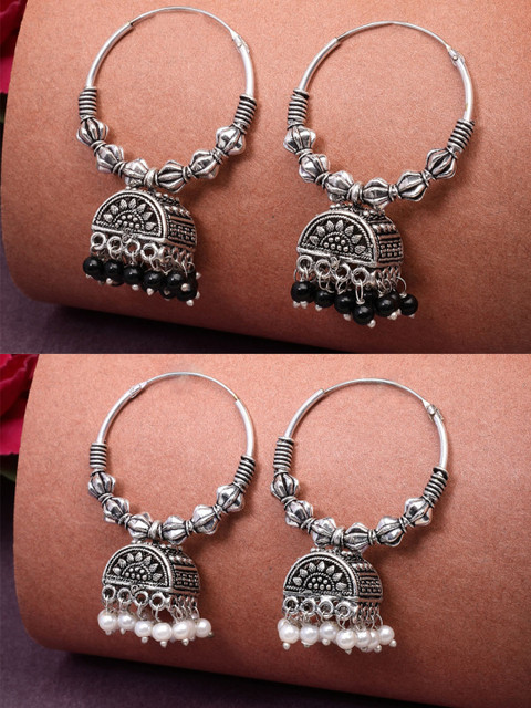 Anouk Women Set Of 2 Oxidised Silver Plated Artificial Beads Jhumka Earrings