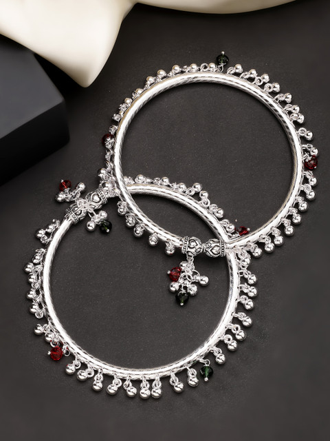 Anouk Women Set Of 2 Silver-Plated Kada Anklets