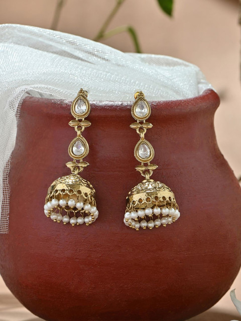 Fida Mehandi Gold White Teardrop Temple Jhumka Earrings